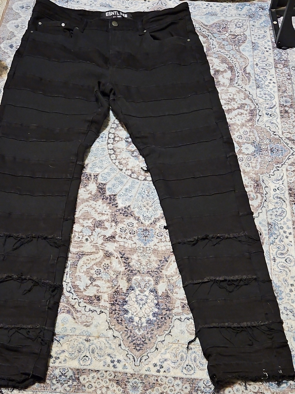 ESNTL Black Straight Jeans with Layered Distressed Detail